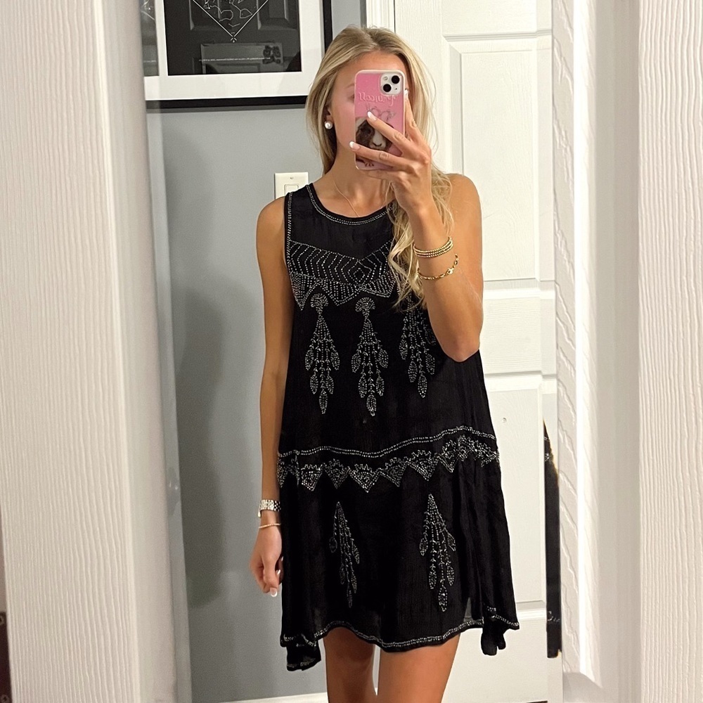 Free People Delilah Beaded Mini Dress Black